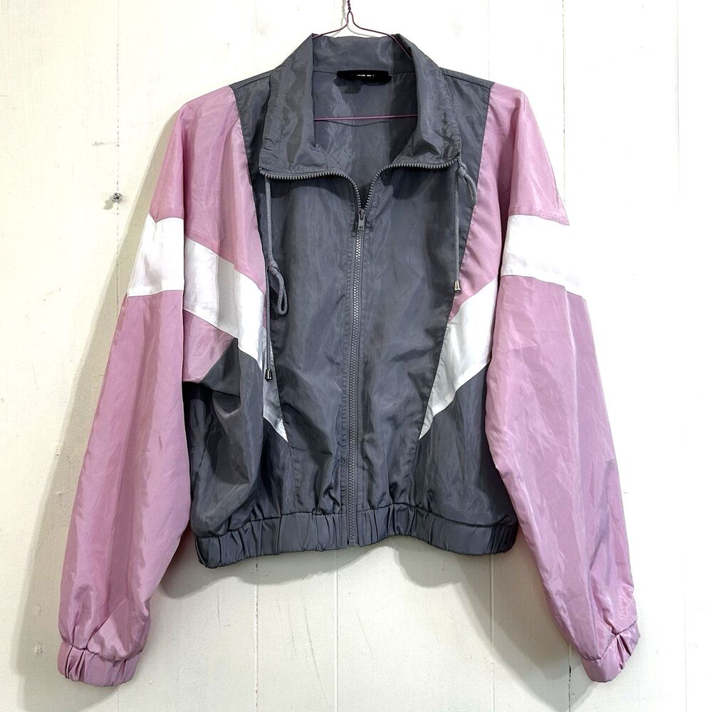 C'EST TOI Women's Windbreaker Jacket Size Large Gray White Pink Nylon Jacket